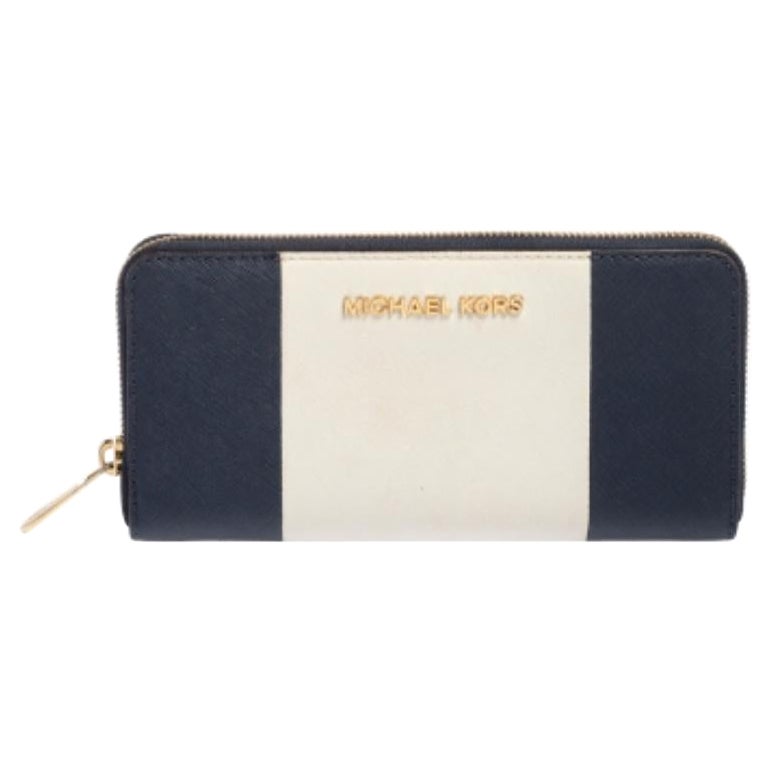 Michael Kors White/Blue Leather Jet Set Zip Around Wallet For Sale