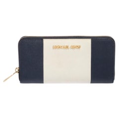 Michael Kors White/Blue Leather Jet Set Zip Around Wallet