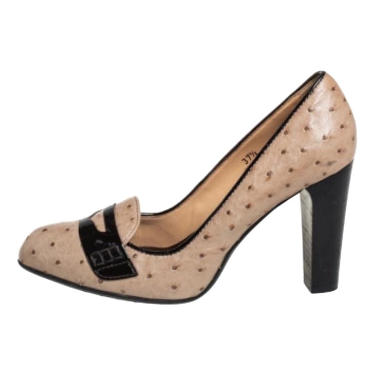 Tod's Grey/Brown Ostrich Leather And Patent Leather Loafer Pumps Size 37.5 For Sale