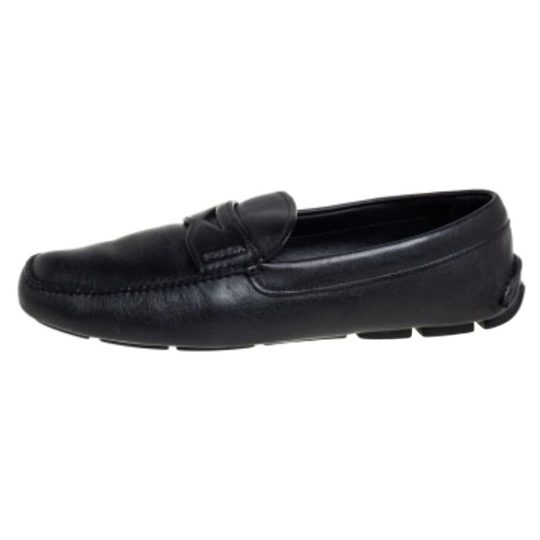 Prada Black Leather Slip On Loafers Size 44 For Sale