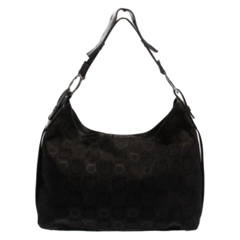 Salvatore Ferragamo Black Monogram Canvas and Leather Hobo For Sale