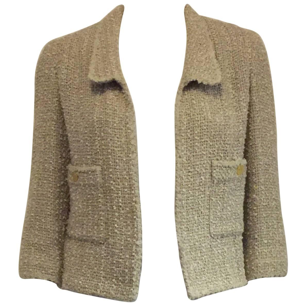 1990s Chanel Beige Tweed Jacket With Bracelet Sleeves and Patch Pockets 