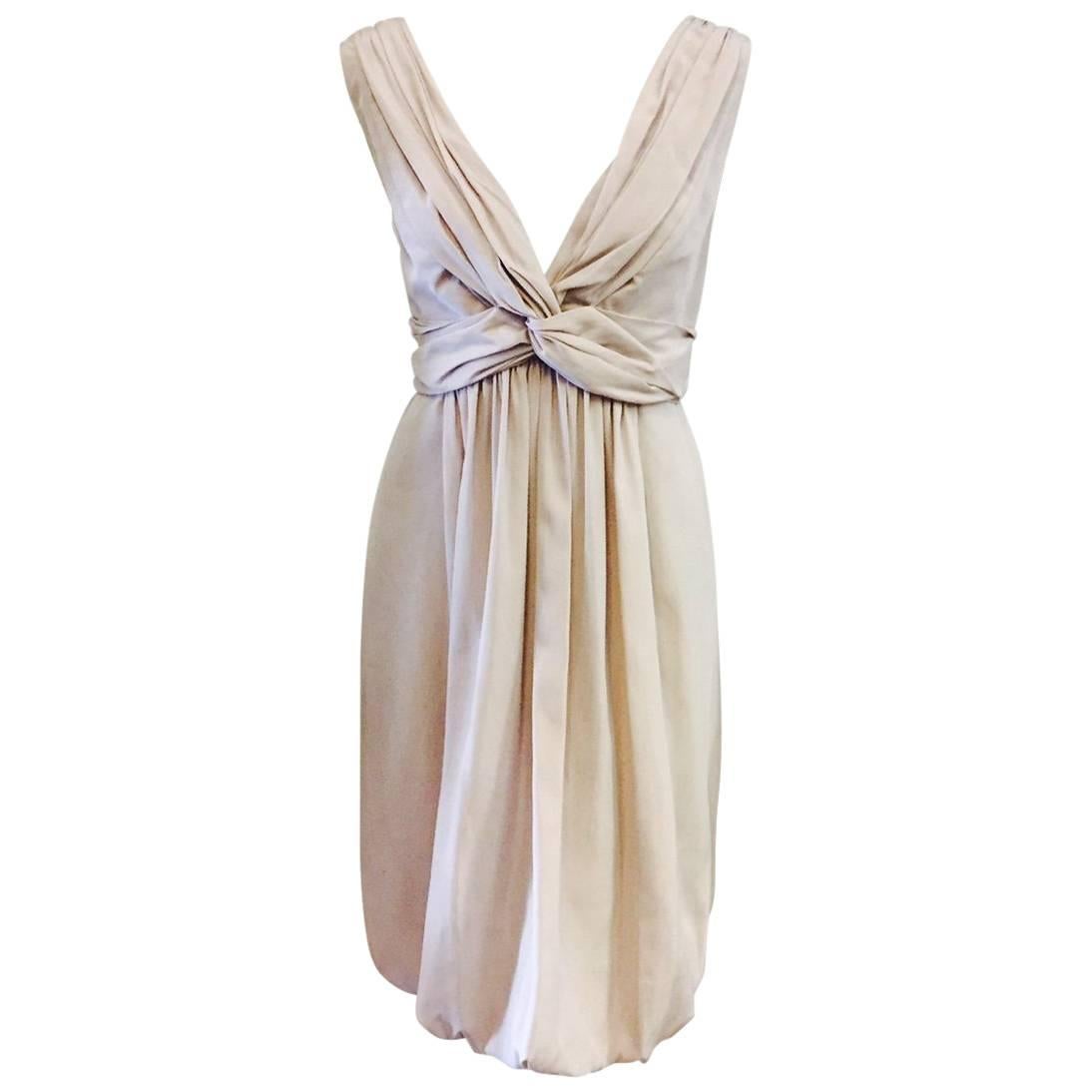 Stella McCartney Gathered Beige Silk Blend Sleeveless Dress With Bubble Skirt 
