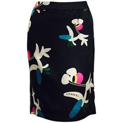 Chanel Black Silk Satin Abstract Floral Print Straight Skirt 