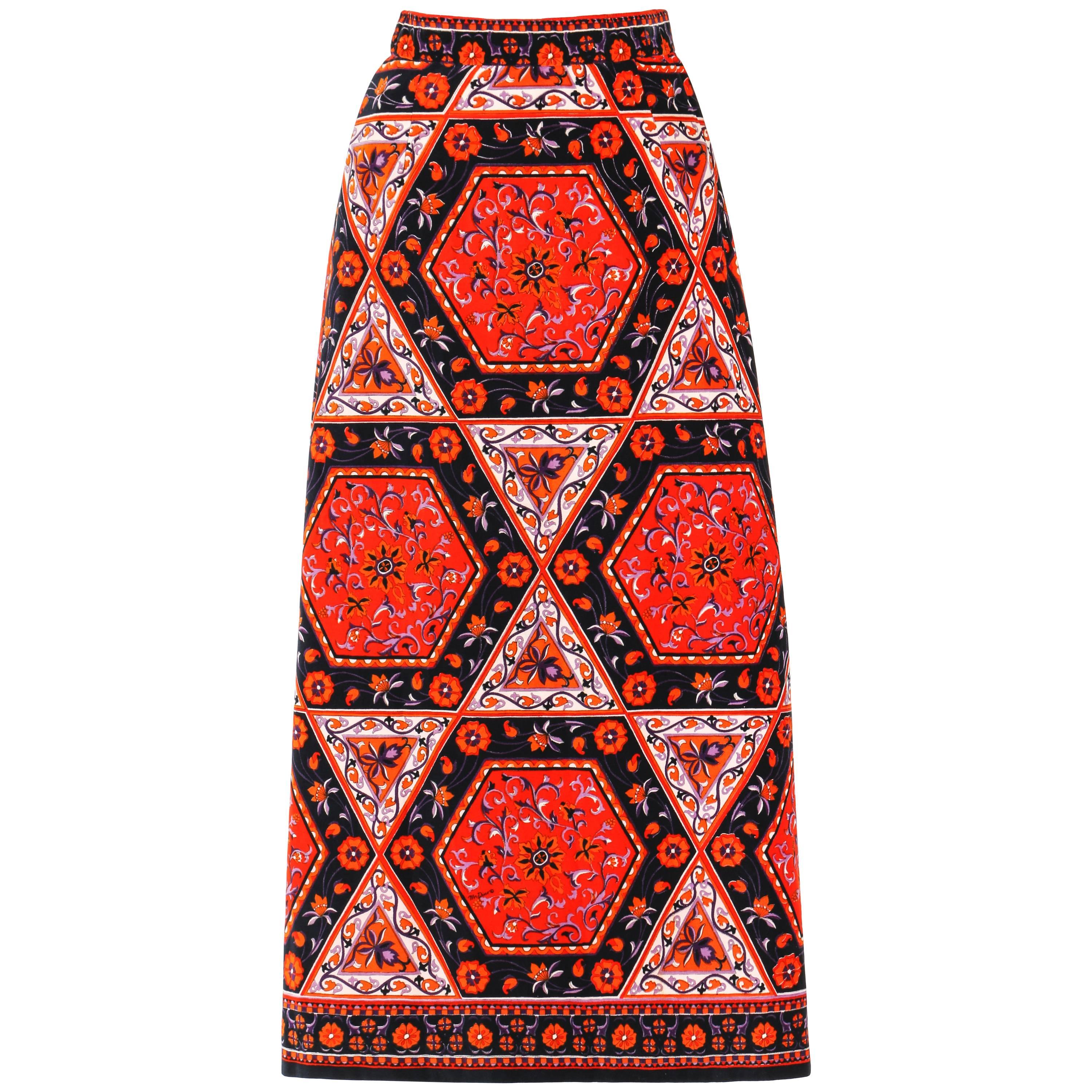 MR. DINO c.1970's Multicolor Floral Geometric Print Velvet Maxi Skirt