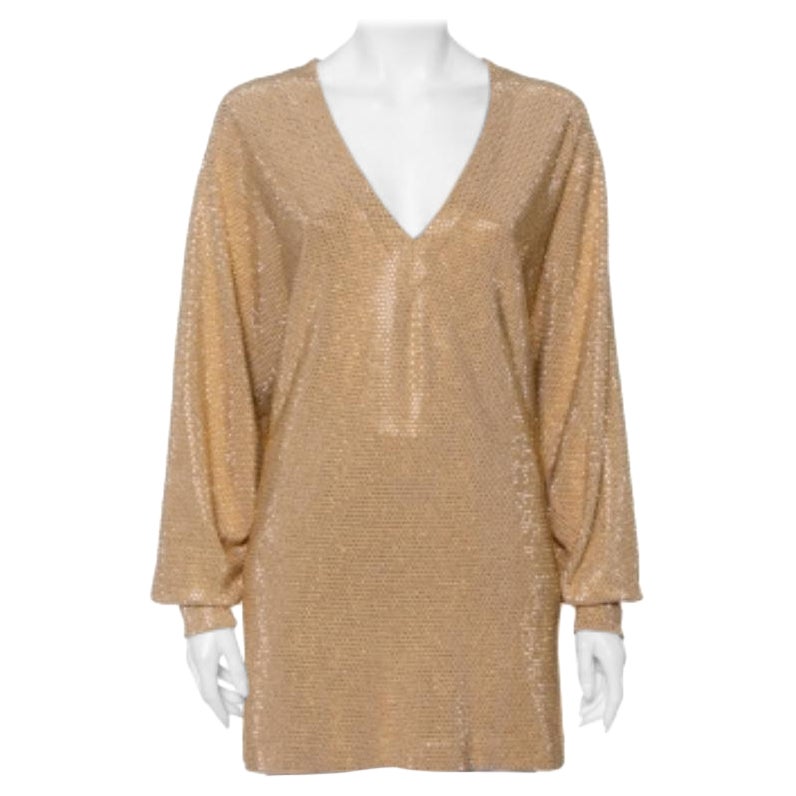 Balmain Gold Rhinestone Embellished Knit V-Neck Oversized Top M For Sale