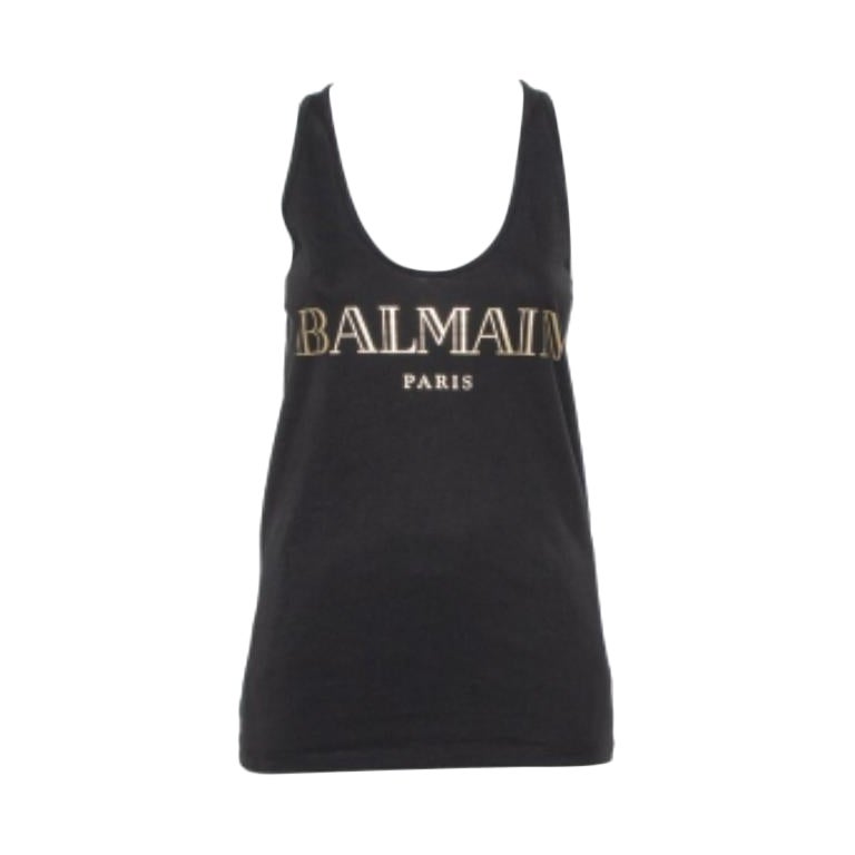 Balmain Black Cotton Logo Printed Tank Top M For Sale