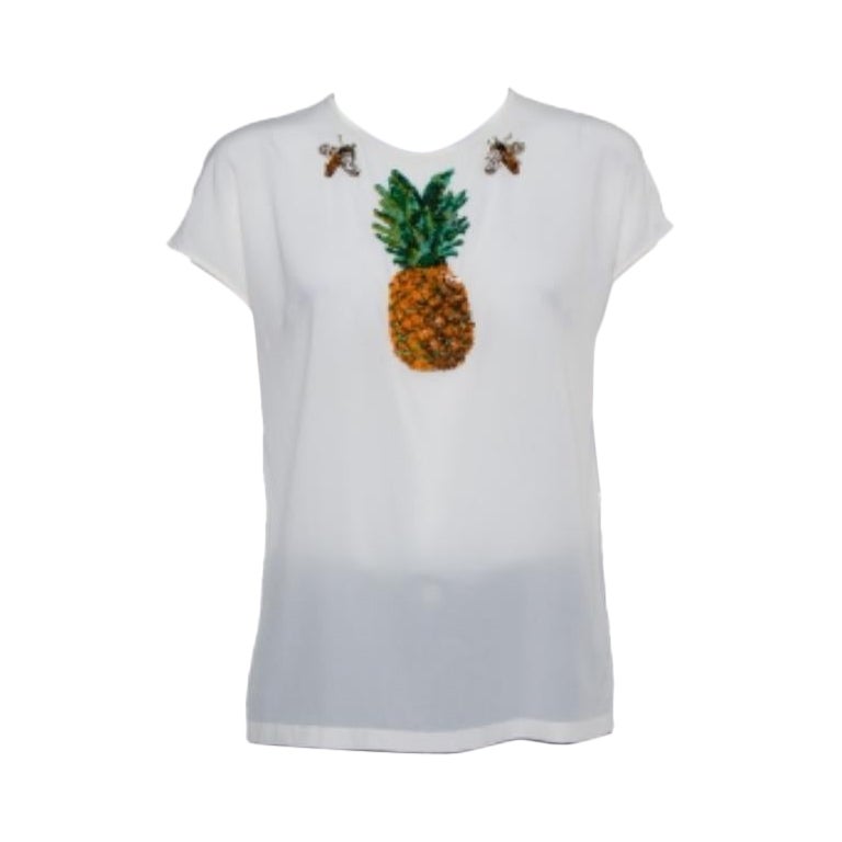 Dolce & Gabbana Cream Silk Sequin Embellished Trim Blouse M For Sale