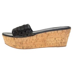 Tory Burch Black Laser Cut Leather Slide Wedge Sandals Size 40.5