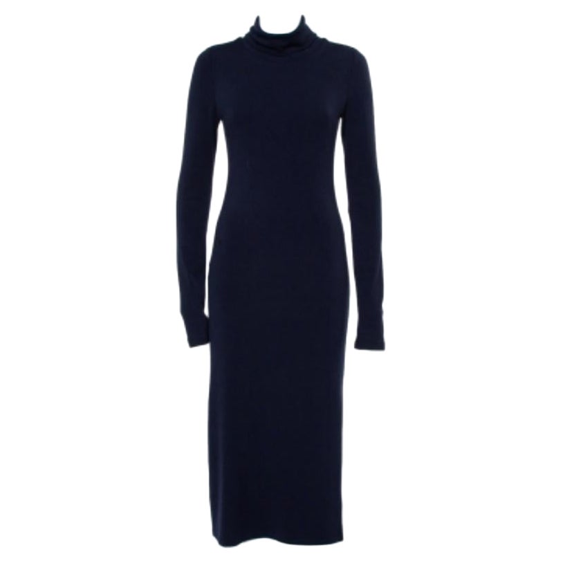 Alice + Olivia Navy Blue Knit Turtle Neck Long Sleeve Slit Detail Maxi Dress M For Sale