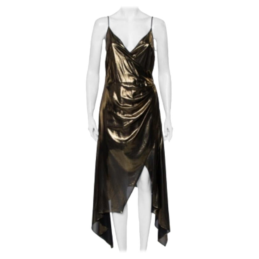 Haney Metallic Gold Lame' Faux Wrap Asymmetrical Hem Dress M For Sale