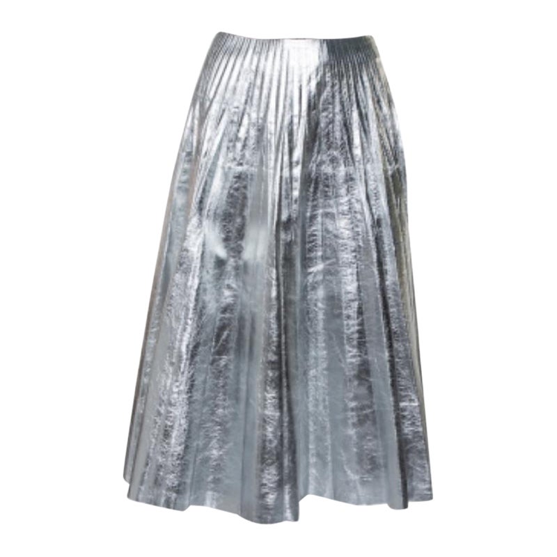 Gucci Metallic Silver Leather Pleated Midi Skirt S For Sale