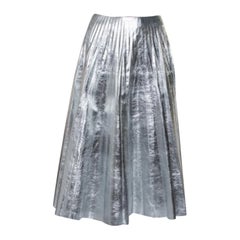 Gucci Metallic Silver Leather Pleated Midi Skirt S