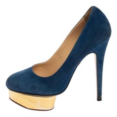Charlotte Olympia Blue Suede Dolly Platform Pumps Size 38.5