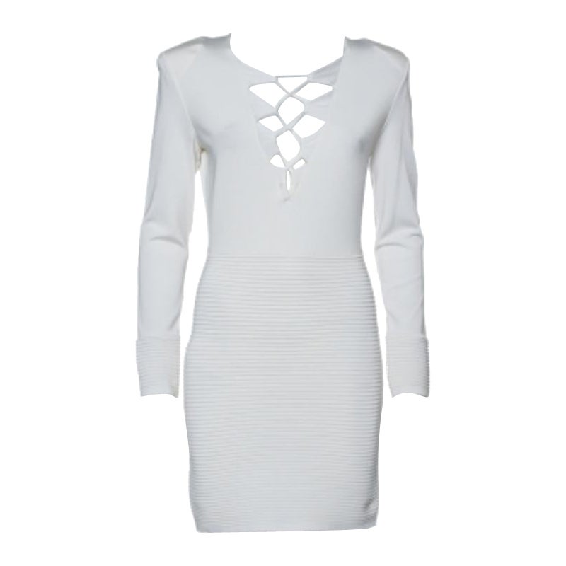 Balmain White Textured Knit Lace Up Tie Detail Mini Dress M For Sale