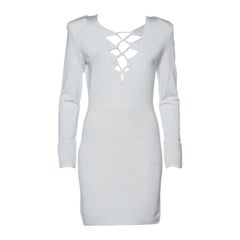 Balmain White Textured Knit Lace Up Tie Detail Mini Dress M