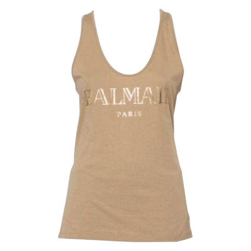 Balmain Beige Cotton Logo Printed Tank Top M For Sale