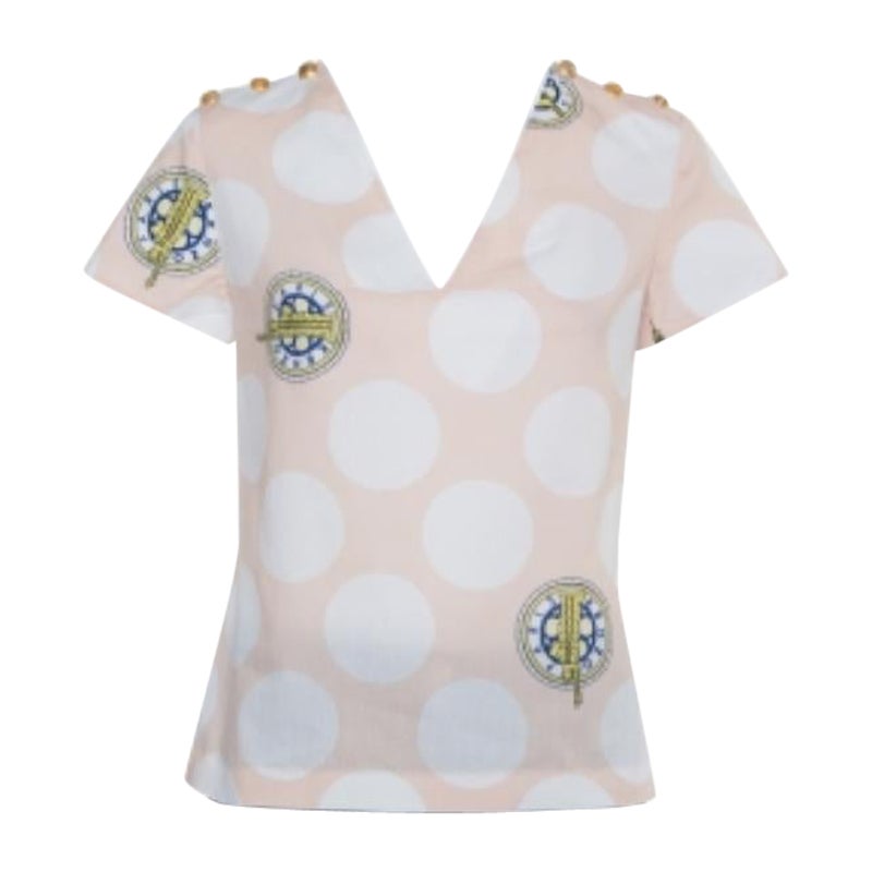Kenzo Beige Polka Dot Logo Printed Cotton V-Neck Top S For Sale