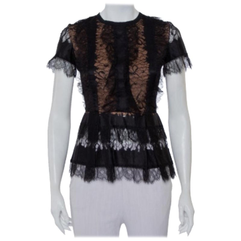 Elie Saab Black Lace Short Sleeve Peplum Top XS For Sale