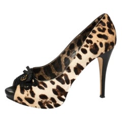 Dolce and Gabbana Leopard Print Pony Hair Peep Toe Platform Pumps Size 39.5