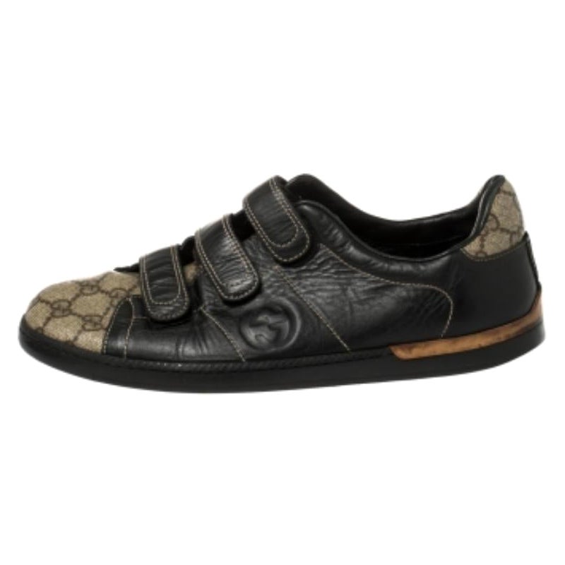 Gucci Beige/Schwarze GG Supreme Canvas And Leder Velcro Turnschuhe Größe 40 im Angebot