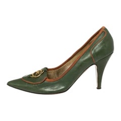Etro Green Leather Logo Embellished Pointed Toe Pumps Size 38.5