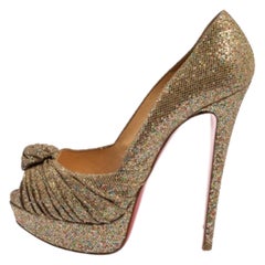 Christian Louboutin Metallic Gold Glitter Fabric Knotted Peep Toe Pumps Size 39