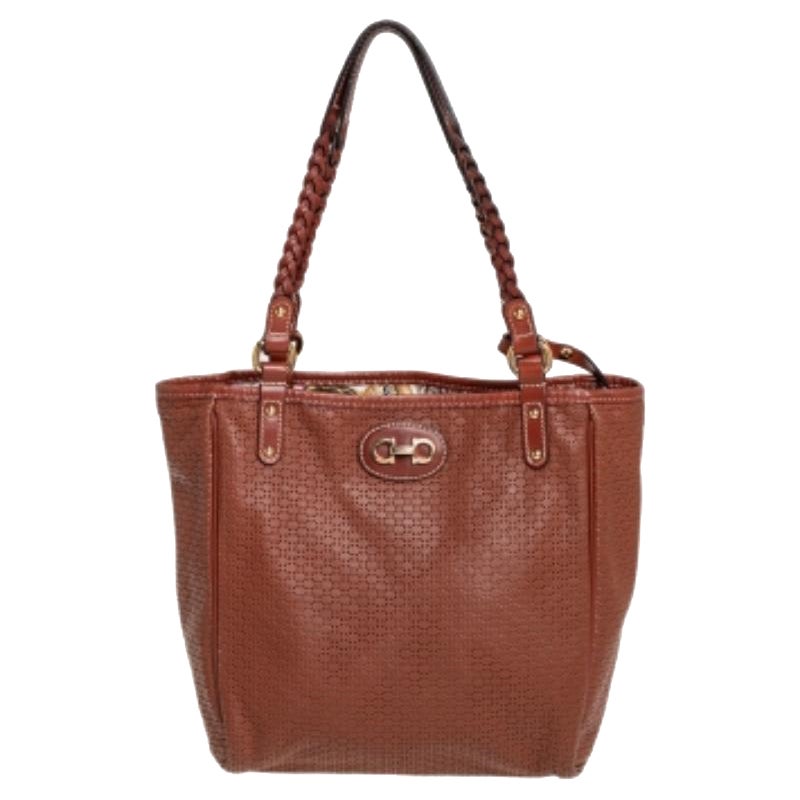 Salvatore Ferragamo Brown Perforated Leather Braided Handle Tote For Sale