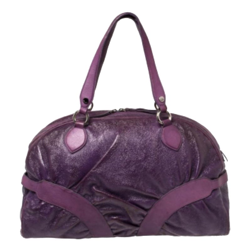 Moschino Purple Crinkled Patent Leather Double Zip Pocket Duffel Bag For Sale