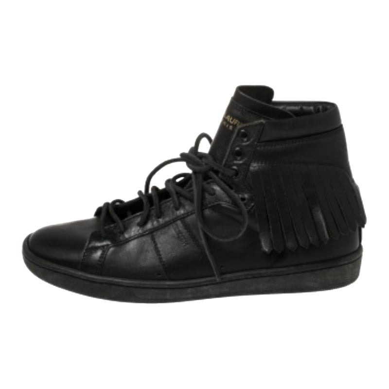 Saint Laurent Black Leather Classic Court Fringe Sneakers Size 36 For Sale