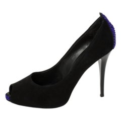 Giuseppe Zanotti Black Suede Embellished Peep Toe Pumps Size 37.5