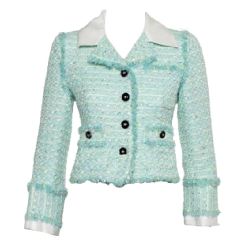 Alessandra Rich Aqua Green Tweed Button Front Cropped Jacket S For Sale