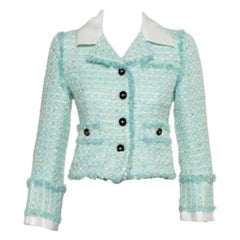 Alessandra Rich Aqua Green Tweed Button Front Cropped Jacket S