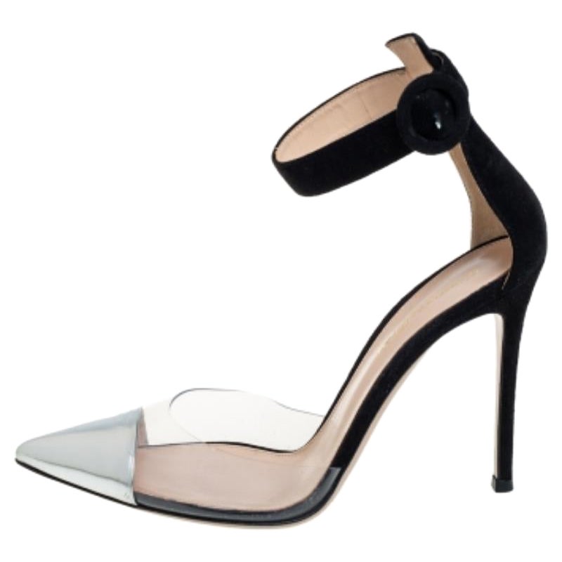 Gianvito Rossi Black/Silver Suede And PVC Ankle Strap Sandals Size 39 For Sale