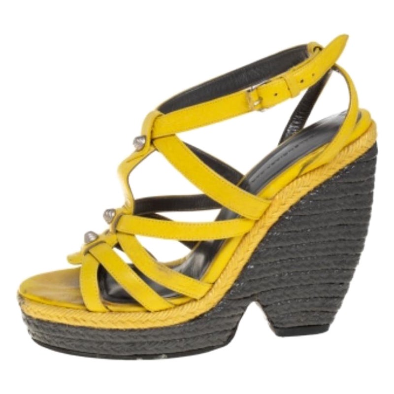 Balenciaga Yellow Leather Wedge Ankle Strap Sandals Size 38 For Sale