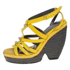 Balenciaga Yellow Leather Wedge Ankle Strap Sandals Size 38