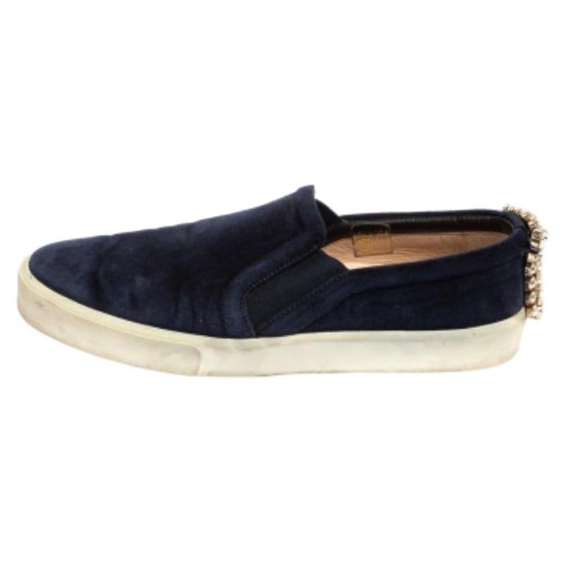 Stuart Weitzman Blue Suede Crystal Slip on Sneakers Size 38 For Sale