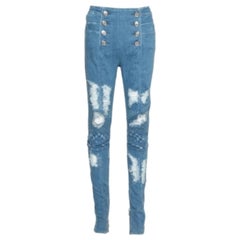 Balmain Blue Denim High Waist Distressed Jeans M