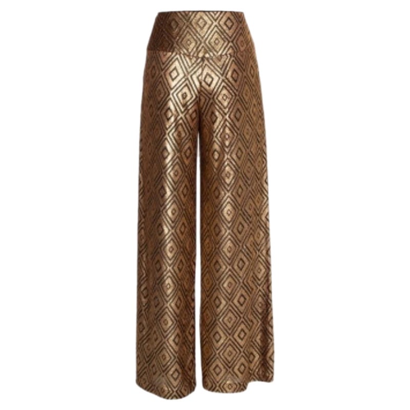 Anna Sui Gold Knitted Geometric Design High Waist Wide Leg Trouser M For Sale