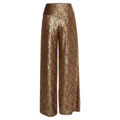 Anna Sui Gold Knitted Geometric Design High Waist Wide Leg Trouser M