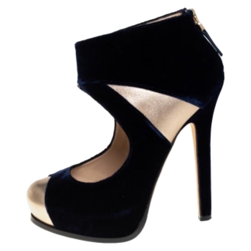 Fendi Blue/Gold Leather And Velvet Ankle Booties Size 38.5 For Sale