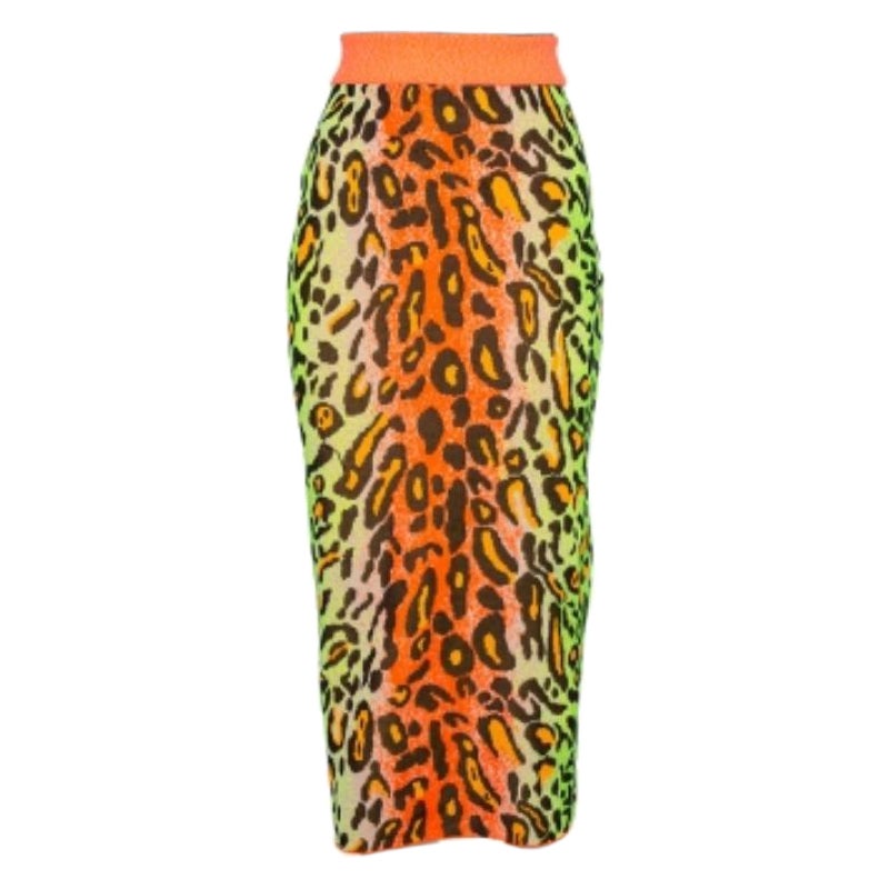 Stella McCartney Multicolor Neon Leopard Knit Fitted Midi Skirt M For Sale