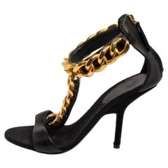 Giuseppe Zanotti Black Leather Chain Detail T Strap Sandals Size 38.5