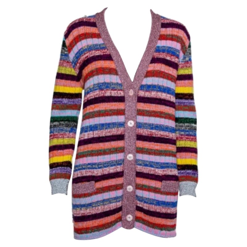 Gucci Multicolor Lurex Knit & Silk Reversible Button Front Cardigan L For Sale