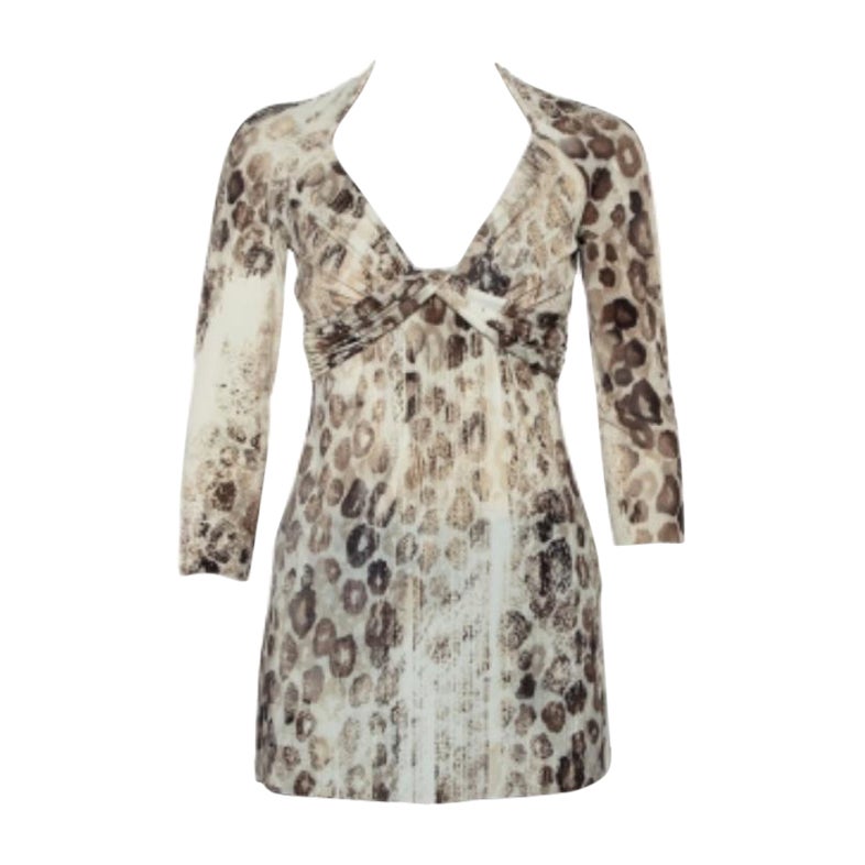 Roberto Cavalli Cream Animal Printed Knit Drape Detail Tunic M For Sale