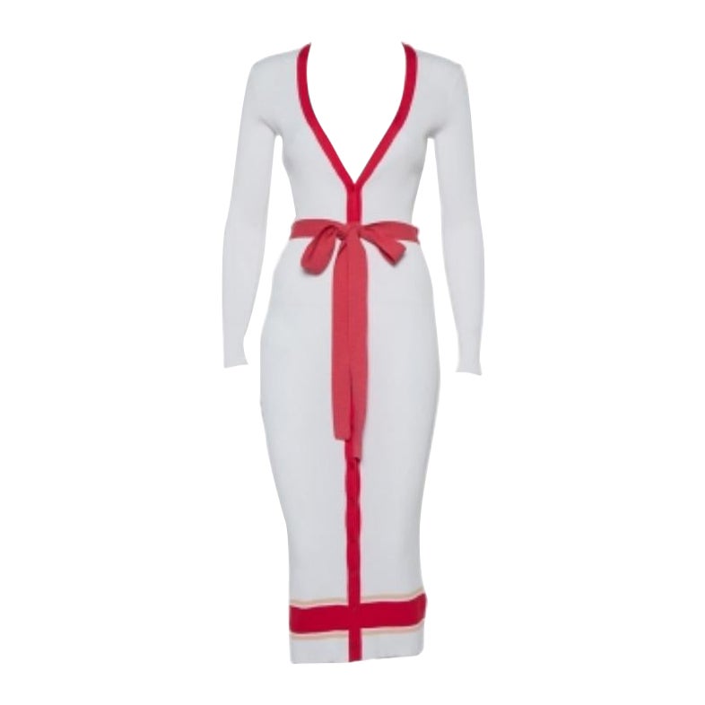 Elisabetta Franchi White Rib Knit Contrast Detail Belted Button Front Dress M For Sale