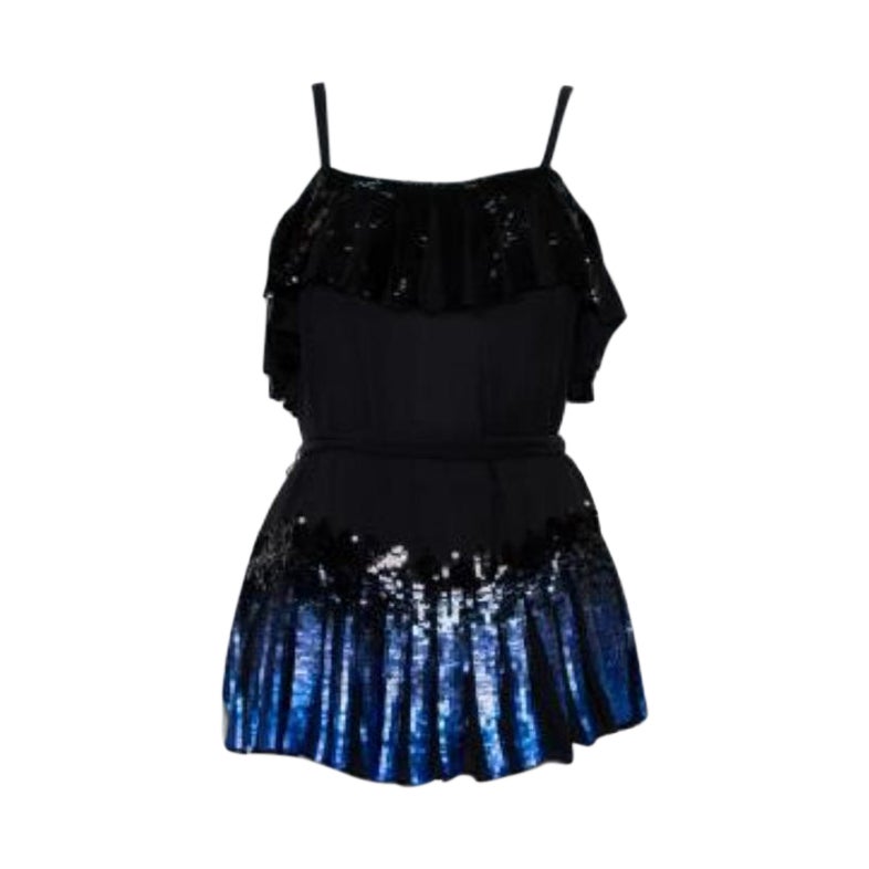 Anna Sui Black Sequin Embellished Silk Pleated Detail Belted Top S For Sale