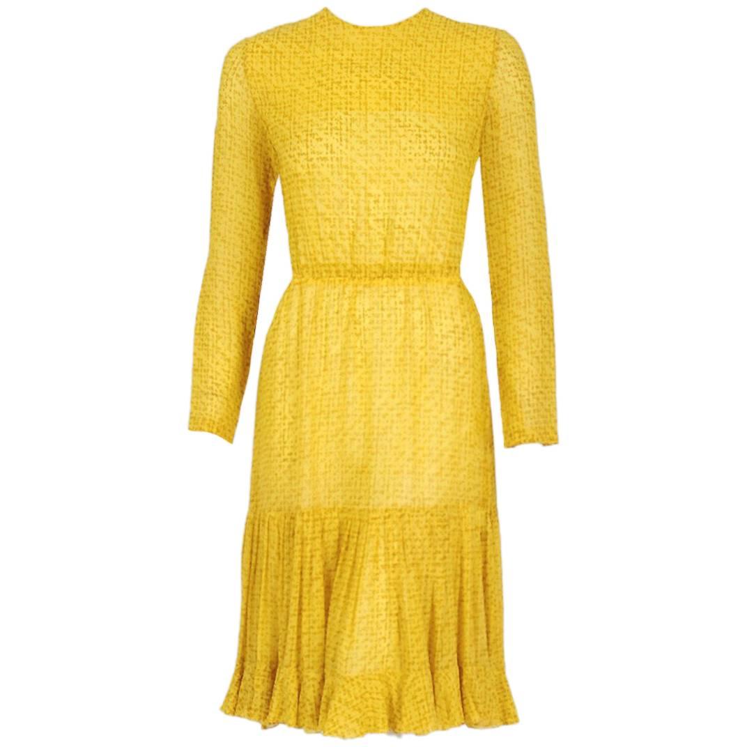 1975 Christian Dior Haute-Couture Yellow Print Chiffon Fishtail Flounce Dress 