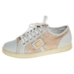 Dolce &Gabbana White/Brown Leather Sequin Embellished Sneakers Size 34