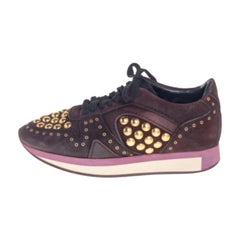 Burberry Burgundy Suede And Satin Studded Low Top Sneakers Size 38
